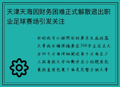天津天海因财务困难正式解散退出职业足球赛场引发关注
